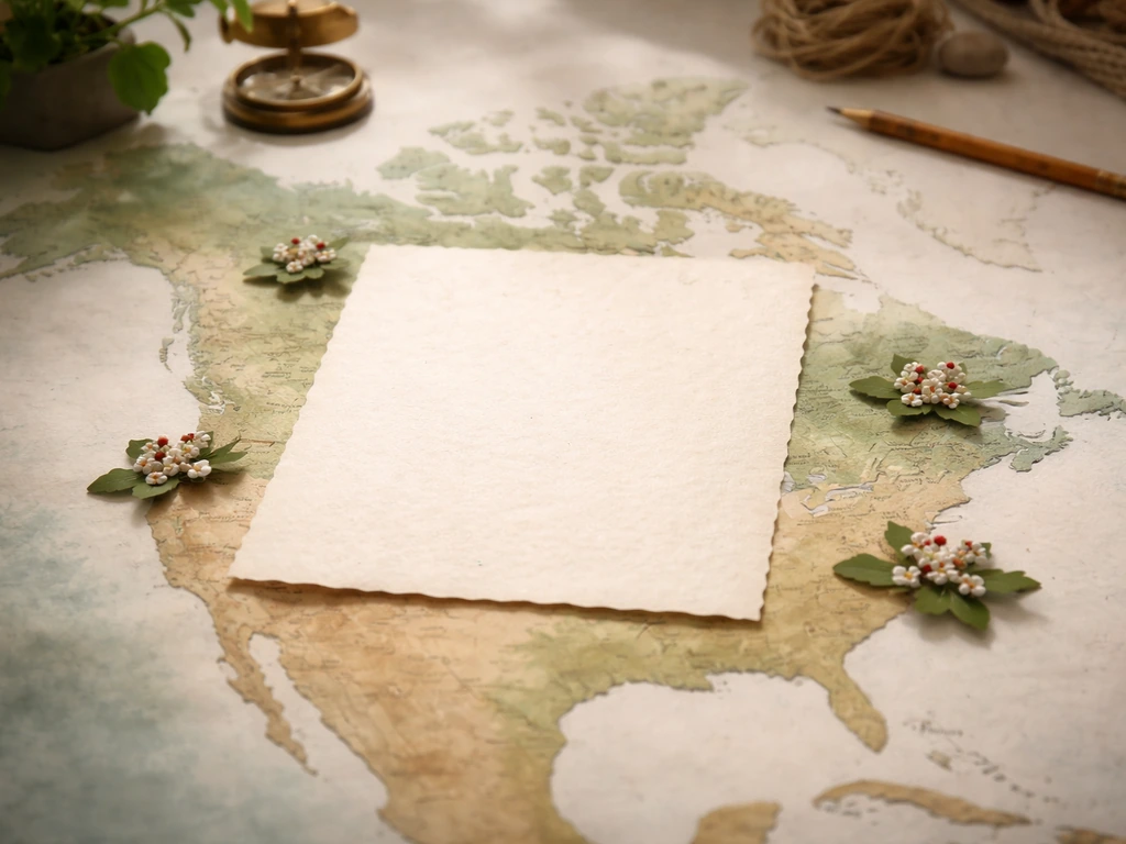 Minimal tabletop scene with blank parchment and unlabelled serviceberry silhouettes over a North America outline.