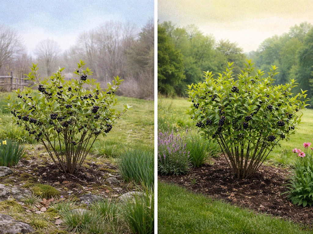 Two small regional garden vignettes showing serviceberry-style shrubs in different climates