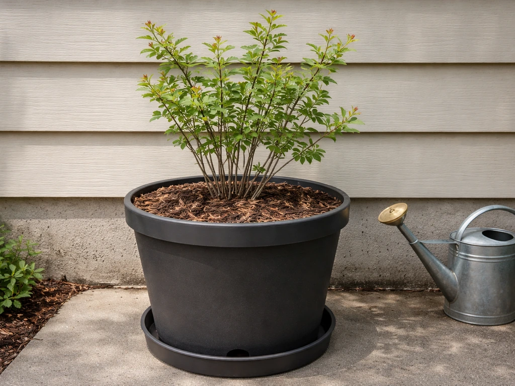 Serviceberry in a large 15–20 gallon container with mulch and drainage details on a patio