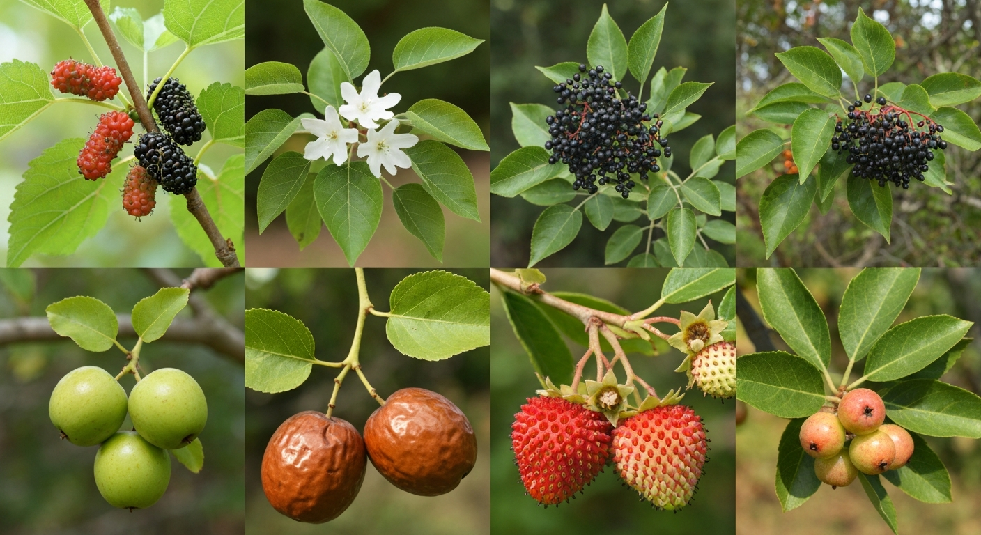 Composite photo of edible tree-borne berries—mulberry, serviceberry, elderberry, jujube, strawberry tree fruit, and hackberry—on branches with leaves, in natural light.