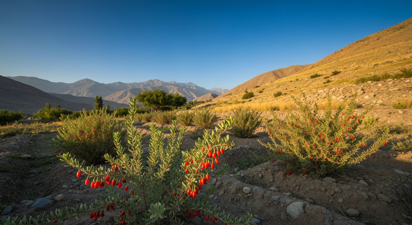 Dry Himalayan valley farmland with goji (Lycium) shrubs bearing bright red berries under a clear blue sky.