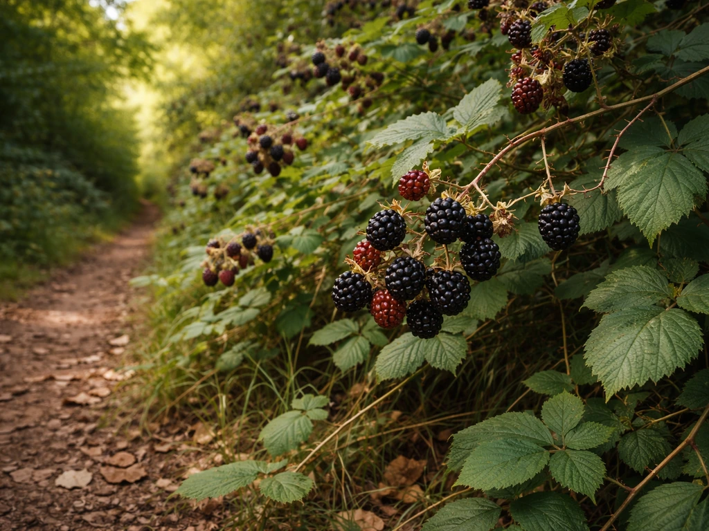 Dense UK hedgerow edge with bramble canes and ripe blackberries in natural woodland light.