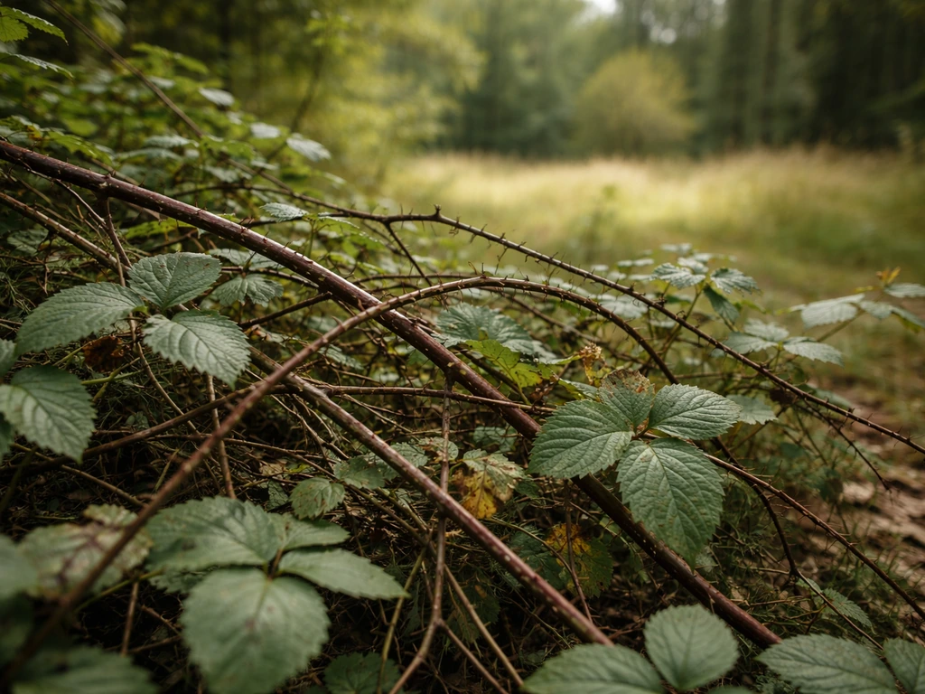 Close-up of bramble canes and leaves in a woodland edge with dappled light and soft background blur.