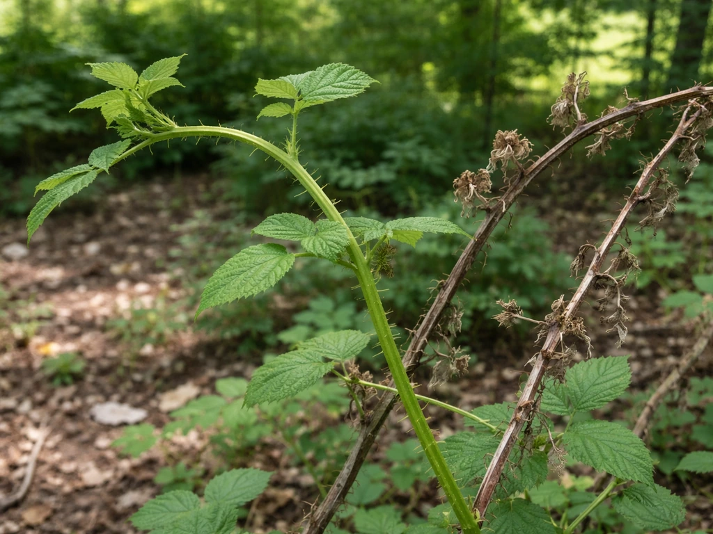 Close-up of a bramble plant showing green current-year canes and older woody fruiting canes.