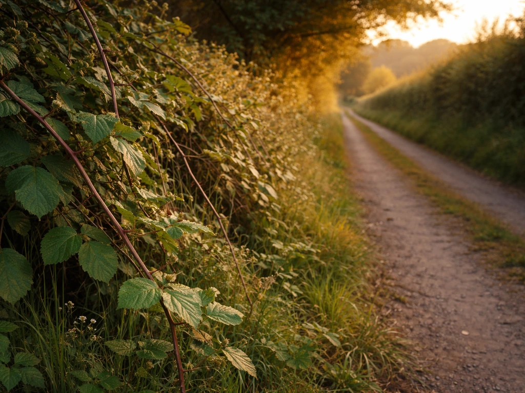 Close view of bramble canes and leaves along a hedgerow beside a quiet country lane.
