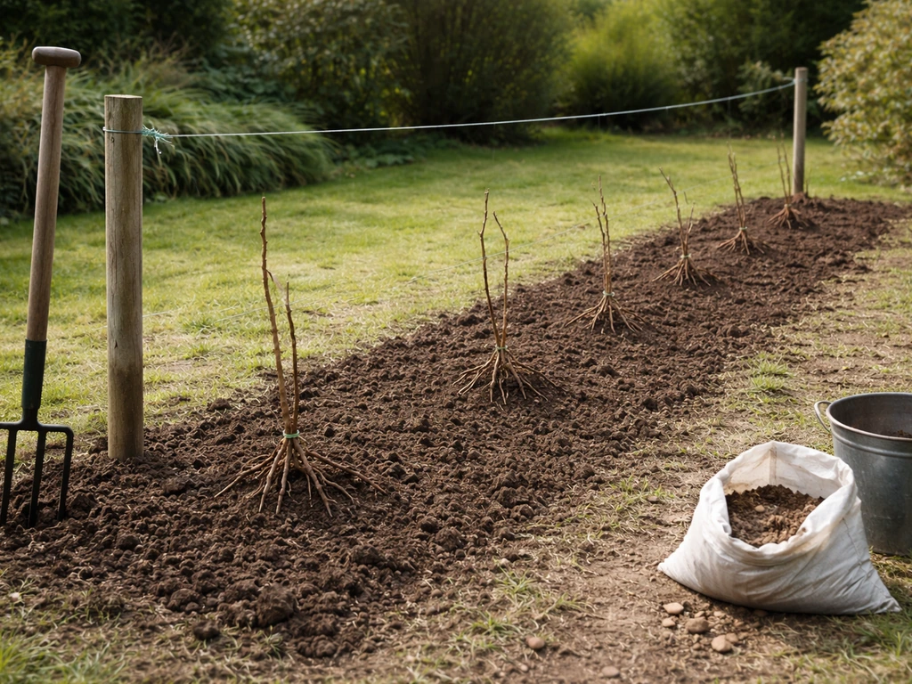 Bare-root bramble canes laid along a wire support line with even spacing in a prepared garden bed.