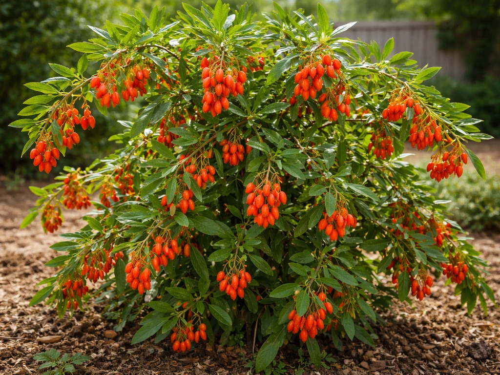 Goji (wolfberry) shrub in a home garden, packed with bright orange-red berries.