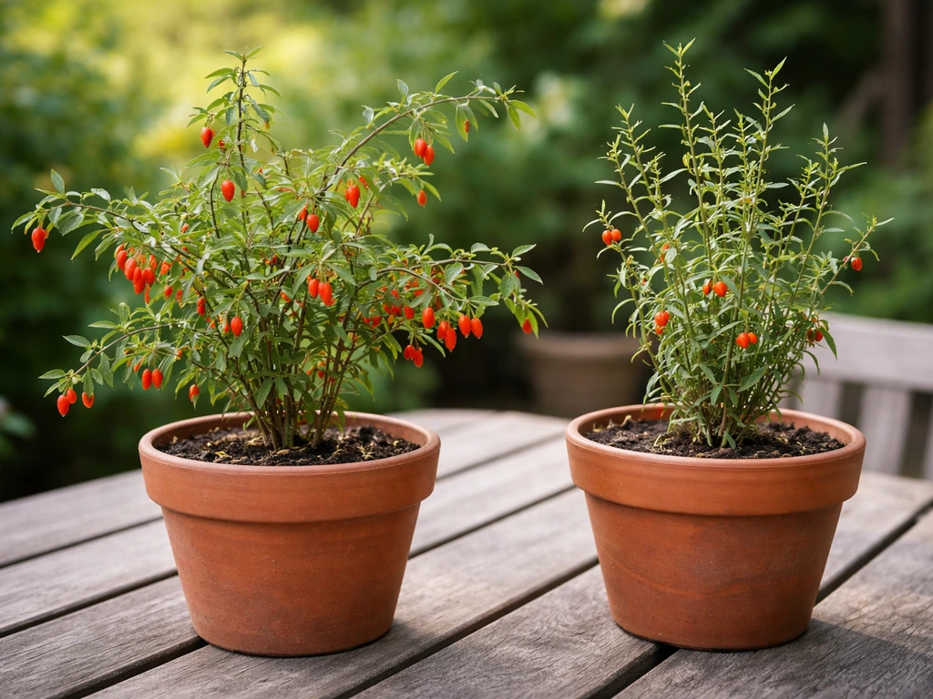 Two potted wolfberry plants side-by-side, one with clusters of red goji berries and one boxthorn with fewer berries.