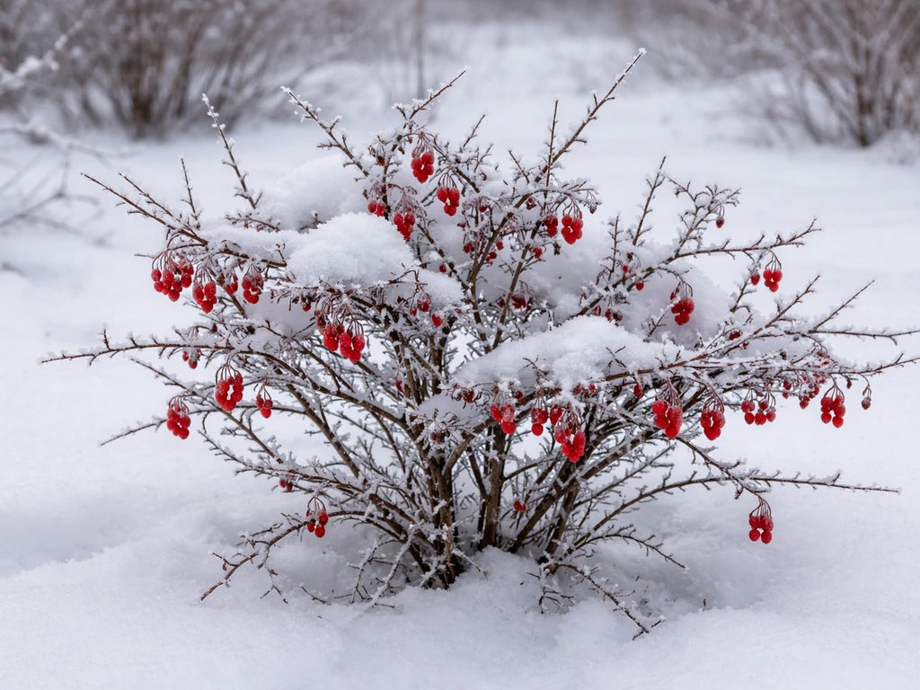 Wolfberry shrub in snowy winter frost, showing hardy survival in cold conditions.
