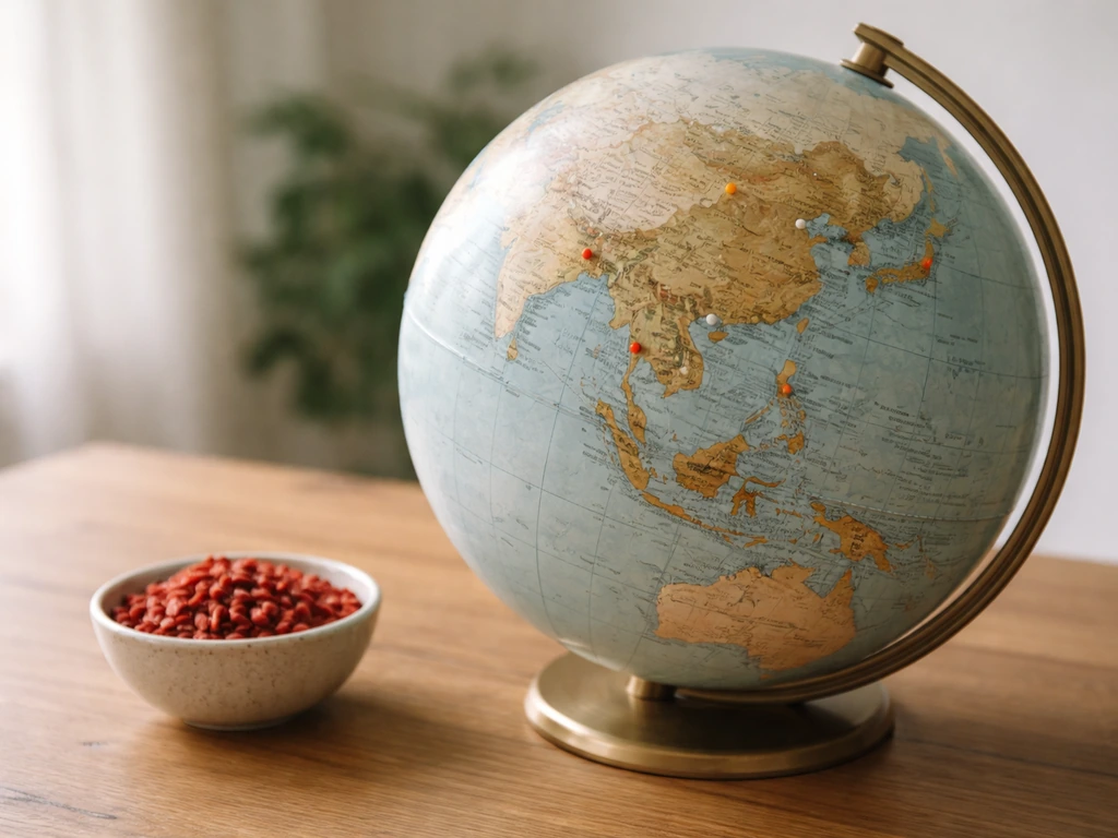 Desk globe with a few pins marking regions and a small bowl of dried wolfberries nearby.