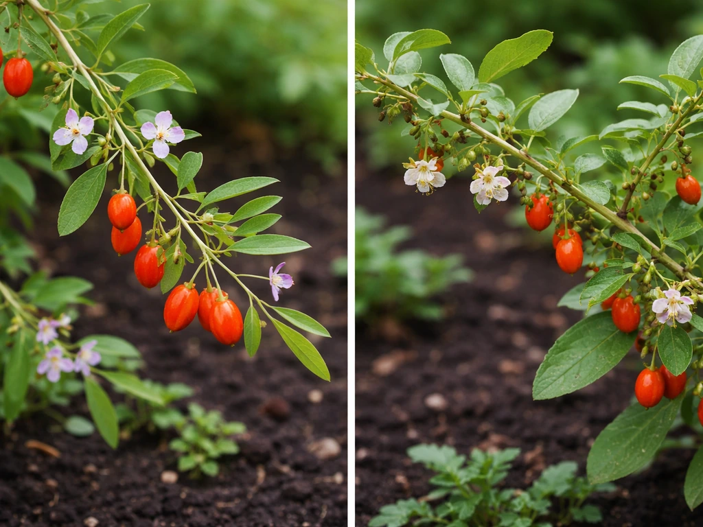 Two closely framed branches of Chinese wolfberry and Chinese boxthorn in a simple garden comparison.
