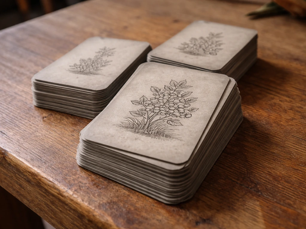 Close view of a gray berry bush growable-resource card in a simple stacked card layout on a wooden table.