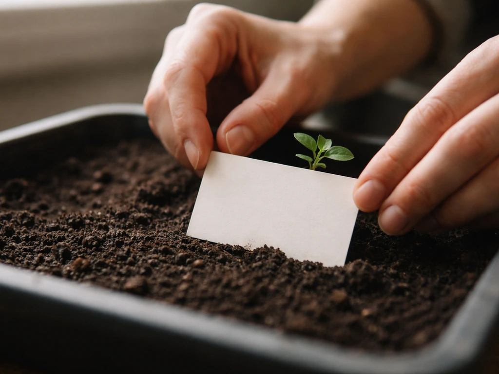 Hands placing an unlocked card over soil with a small berry bush plant positioned as a quest-like setup.