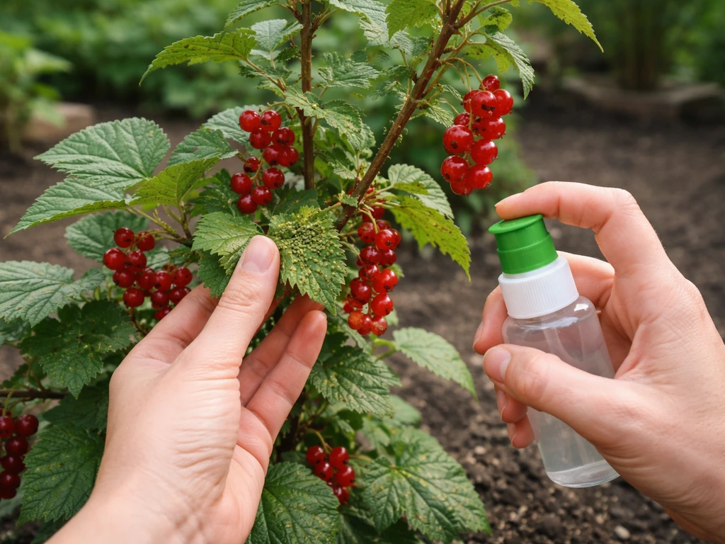 Person gently removing aphids from a berry bush leaves with a small spray bottle in a simple garden