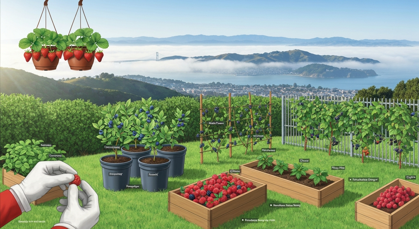 Bay Area home garden with strawberries, blueberries, blackberries, raspberries, coastal fog and hills.