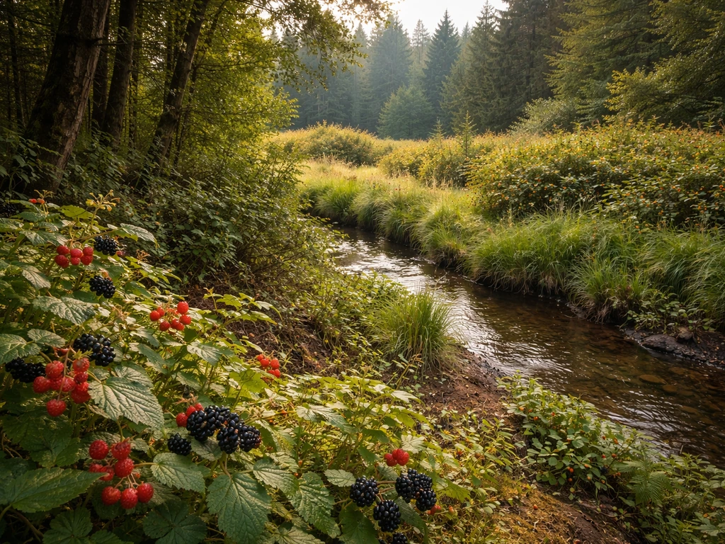 Oregon landscape with wild berry plants visible in forest understory, creek edge, and meadow habitats.