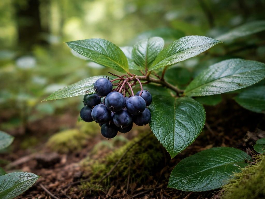 Close-up of salal berries and glossy leaves growing in a mossy western Oregon forest understory.