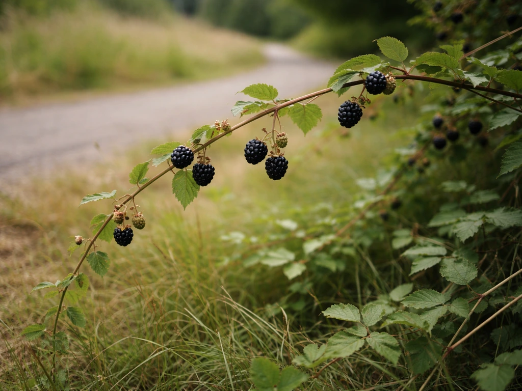 Trailing blackberry vines with ripe dark berries growing along a meadow and roadside edge