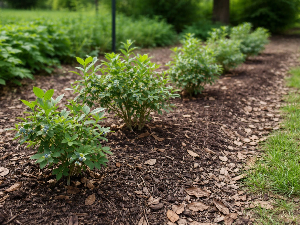Healthy blueberry bushes in a mulched Oregon home garden with leaf litter and nearby berry plants