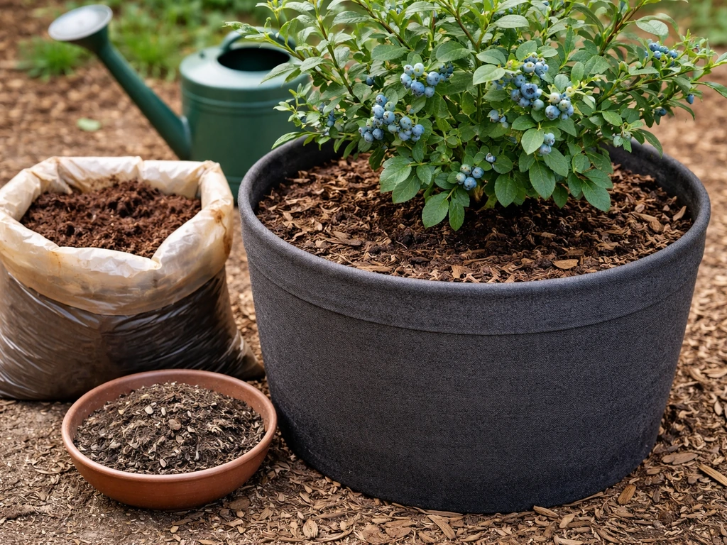 Blueberry plant in a large container with acidic potting mix and simple soil setup details
