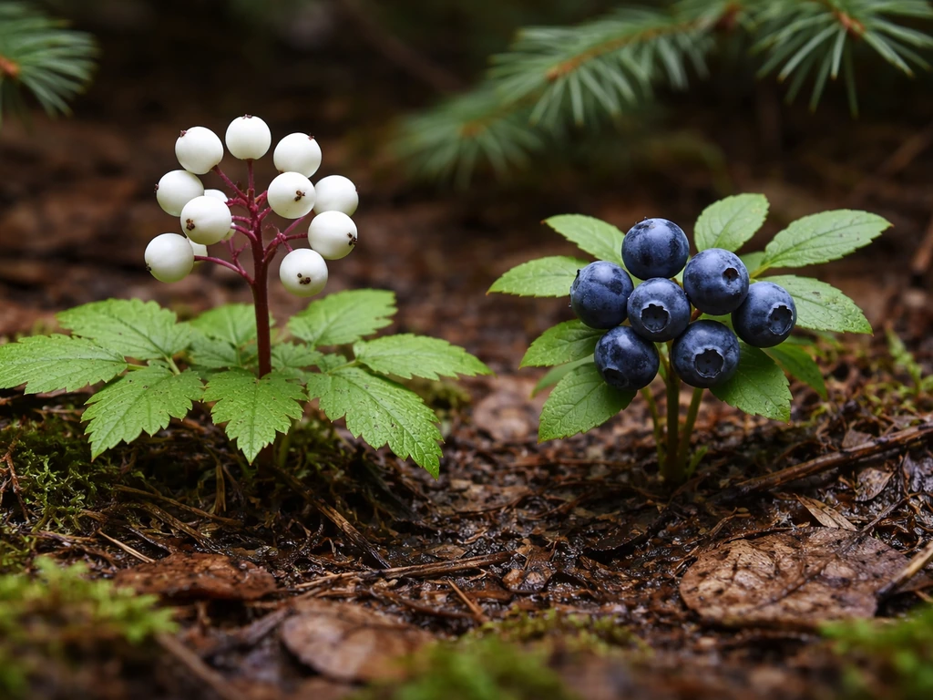 Close-up of two wild berry-like plants side by side on a forest floor for foraging safety comparison.