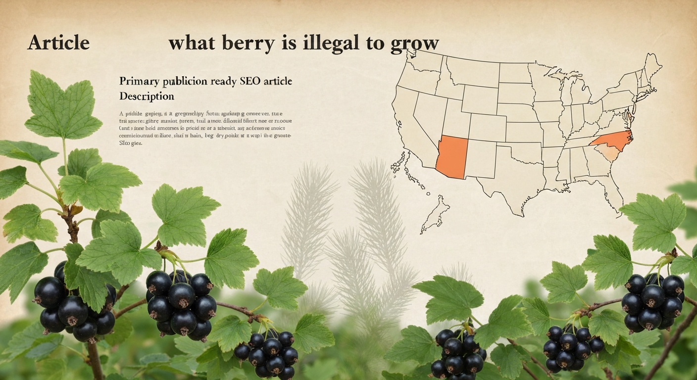 Black currant shrub with dark berries, faint U.S. map and vintage document texture suggesting legal restrictions.