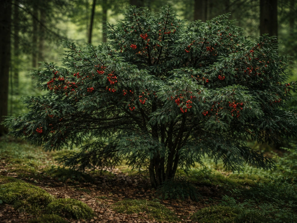 Wide shot of a berry-bearing yew tree in a shaded woodland, with red arils visible on branches.