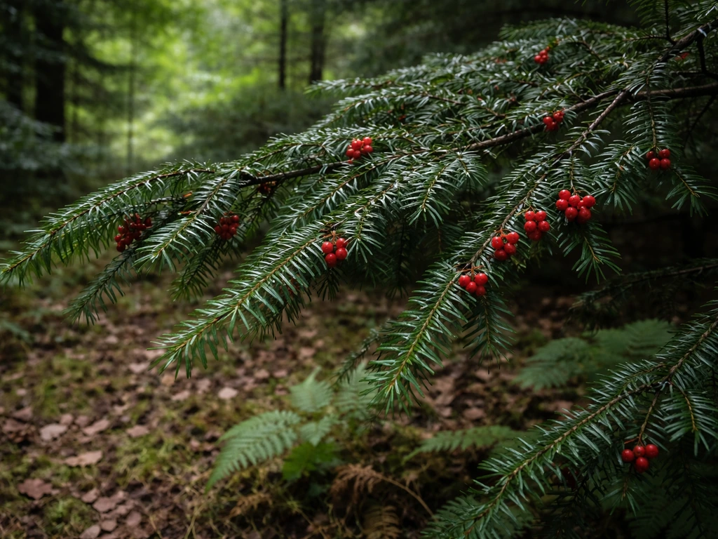 Shaded woodland with English yew branches bearing red arils on low limbs under soft dappled light.