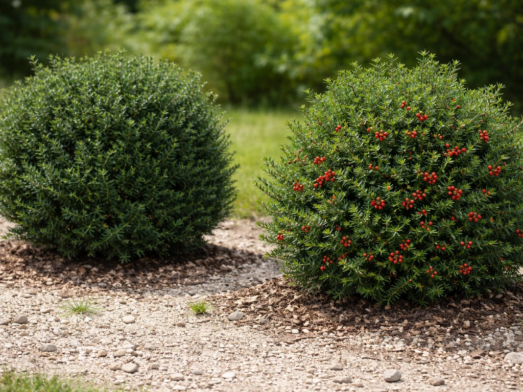 Close-up of male and female yew shrubs in a chalky garden bed with a few berries on female plant