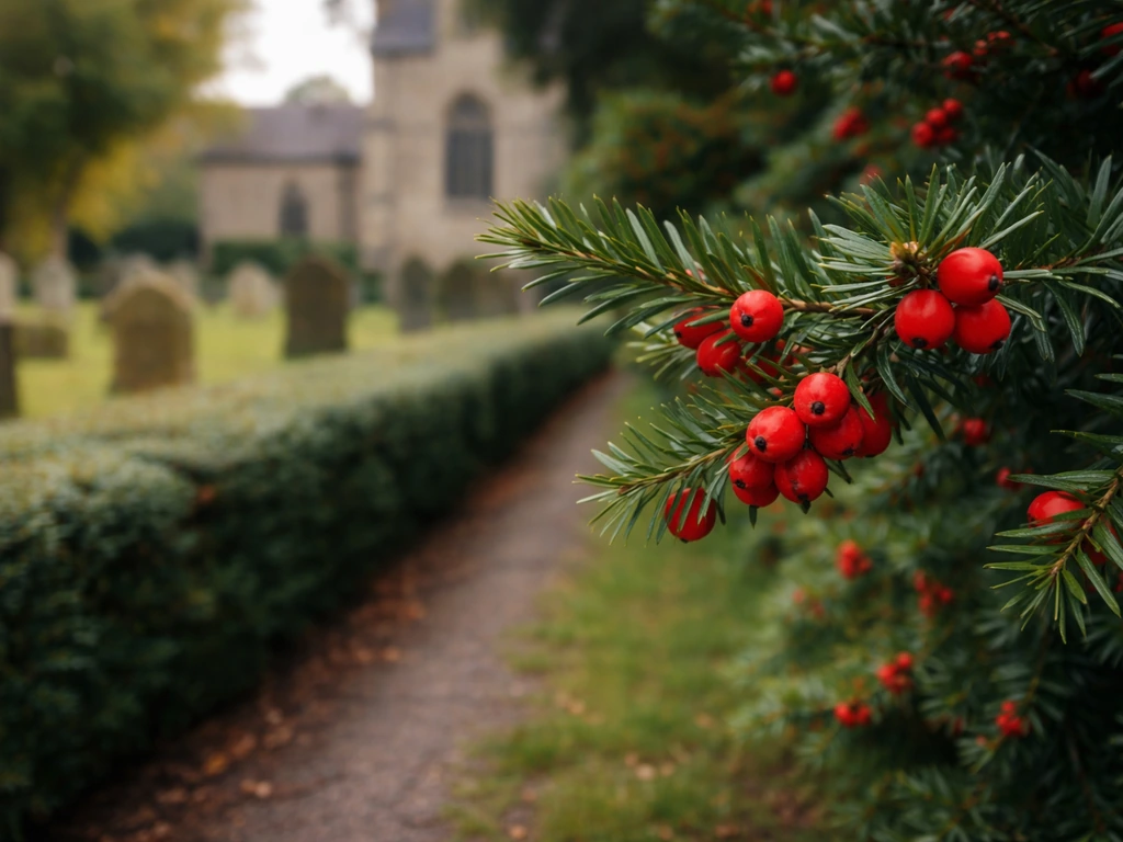 Close-up of berrying yew branches in a British churchyard hedge, with red fruits in the foreground.