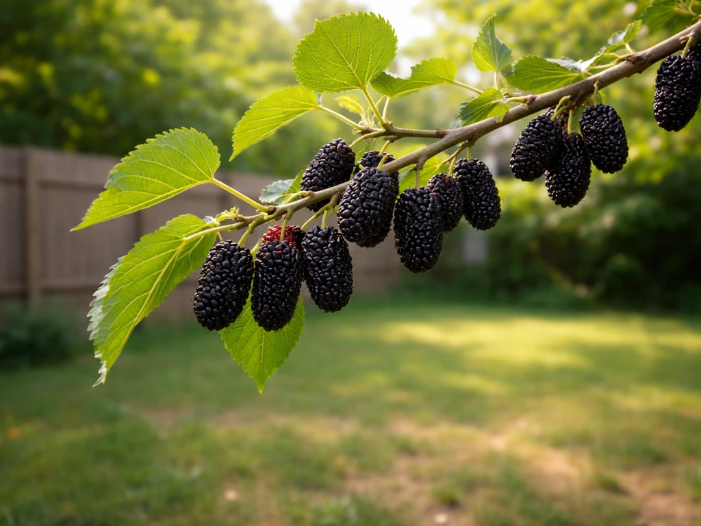 Mulberry tree branches with ripe dark berries in a sunny backyard garden