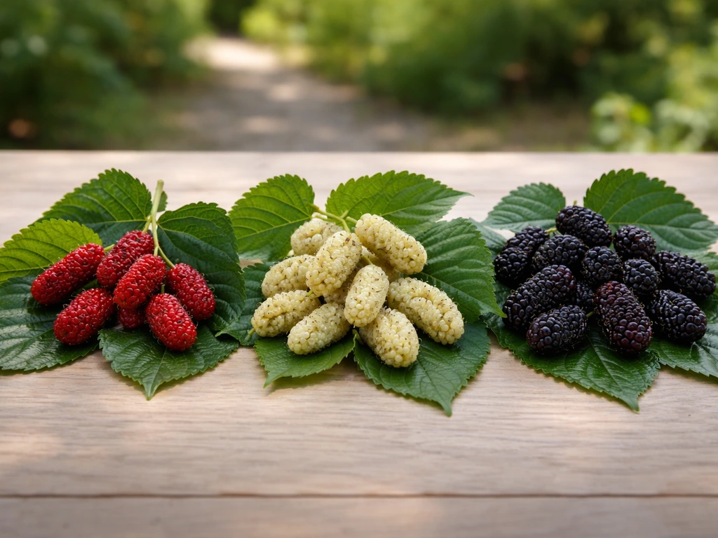 Close-up of red, white, and black mulberry leaves and fruits arranged side by side on a wooden table.