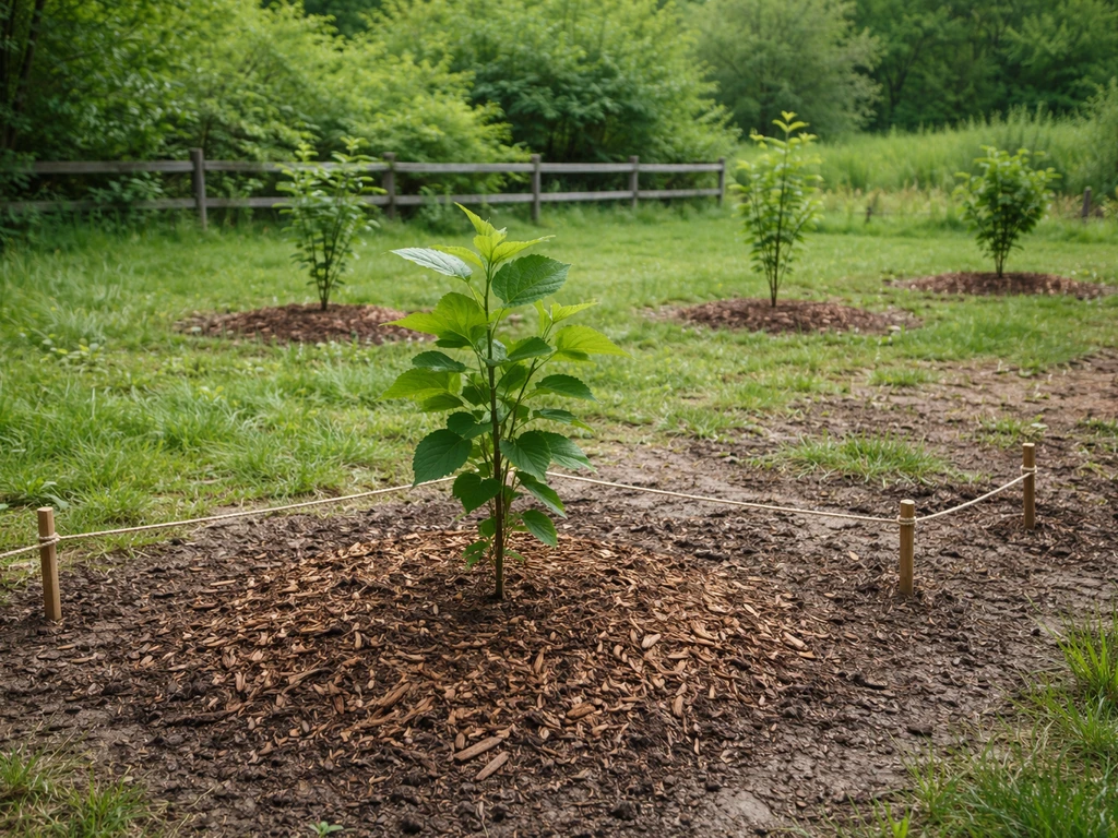 Mulberry sapling planted with spaced gaps in moist garden soil for airflow and natural habitat conditions.