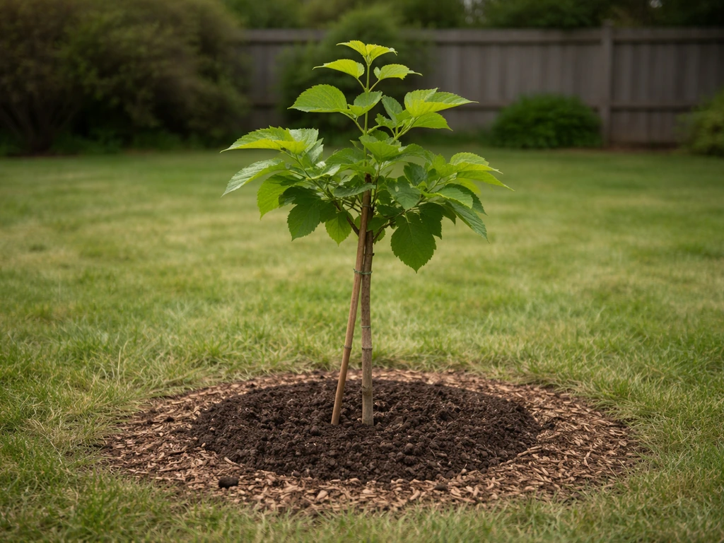 Young mulberry seedling in a backyard, newly leafing with a small canopy filling in after planting.