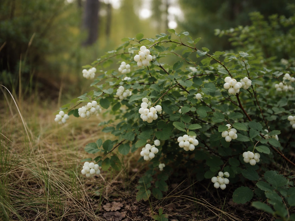 Snowberry shrub in a natural woodland setting with clusters of white berries.
