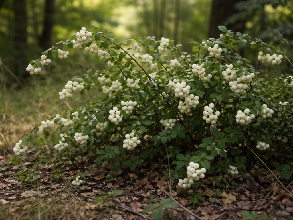Wild snowberry shrub with white berries in a natural forest edge habitat.