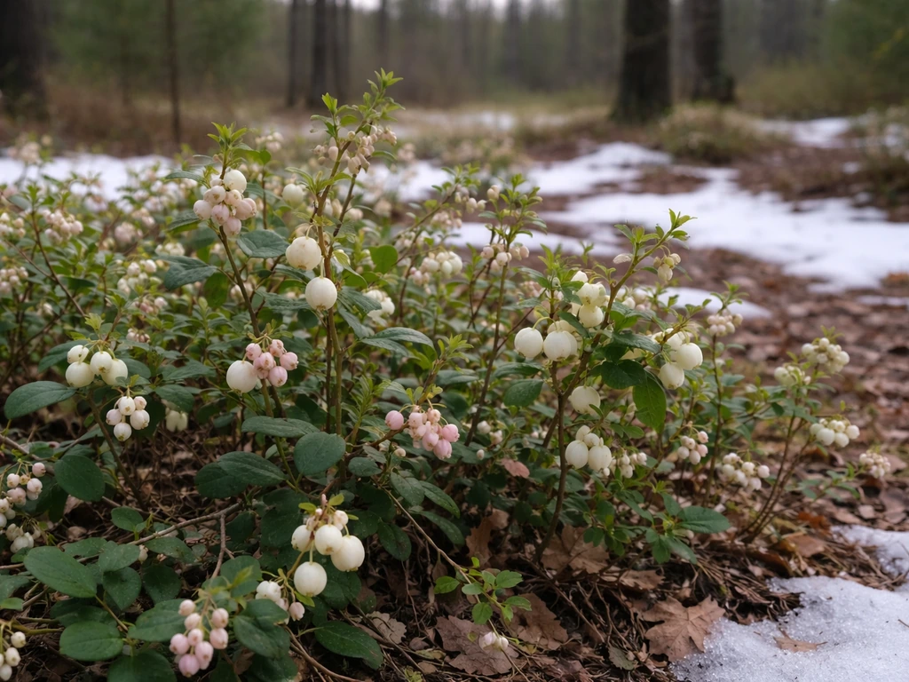 Close-up of snowberry shrubs in a North American woodland with soft natural light and early snow.