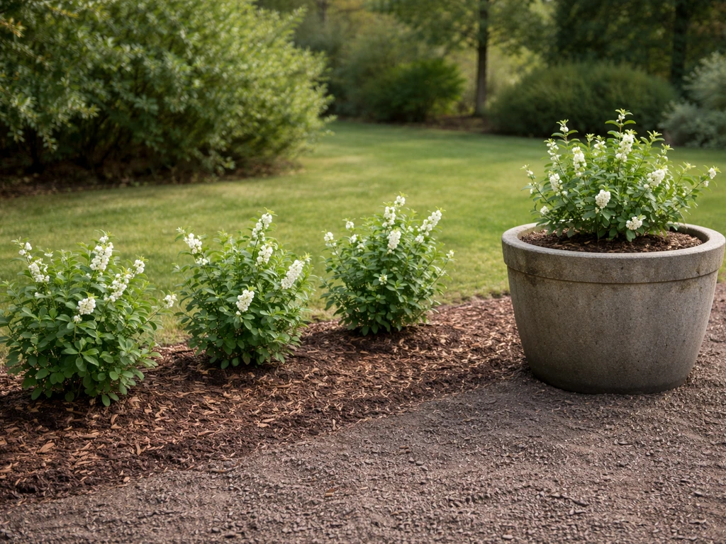 Yard planting scene with small snowberry shrubs spaced in a row and a separate large container option