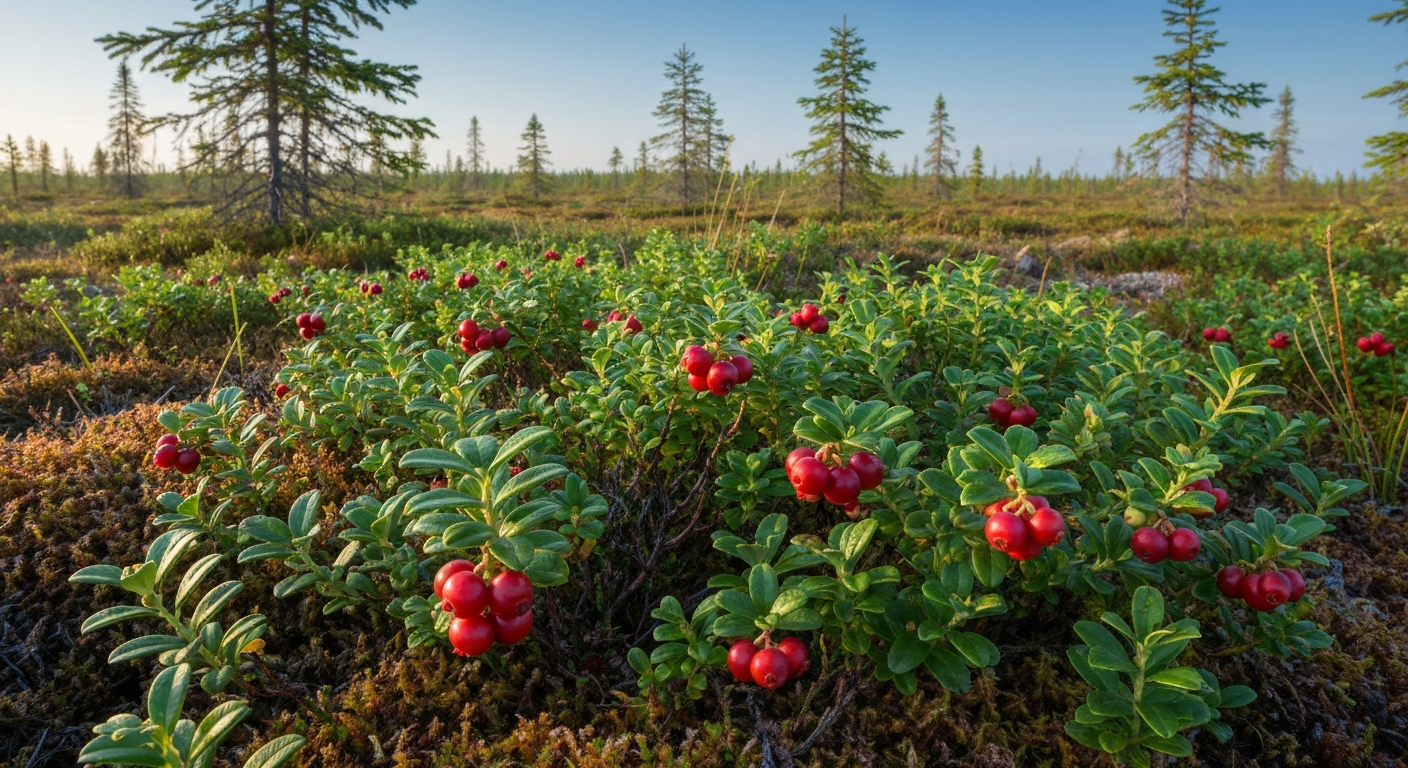 Lingonberry plants with bright red berries growing on sphagnum peat in a northern Minnesota forest edge.