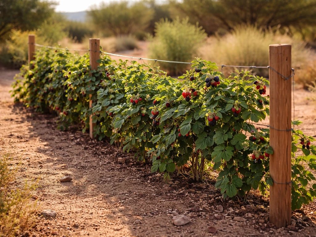 Sunlit backyard berry patch in New Mexico with trellised blackberry and arid landscape beyond.