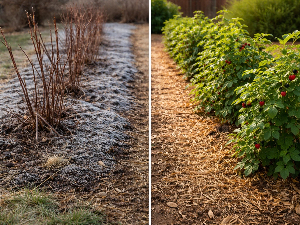 Split garden photo showing frost-dormant cold-hardy brambles on one side and heat-tolerant green berry plants on the oth