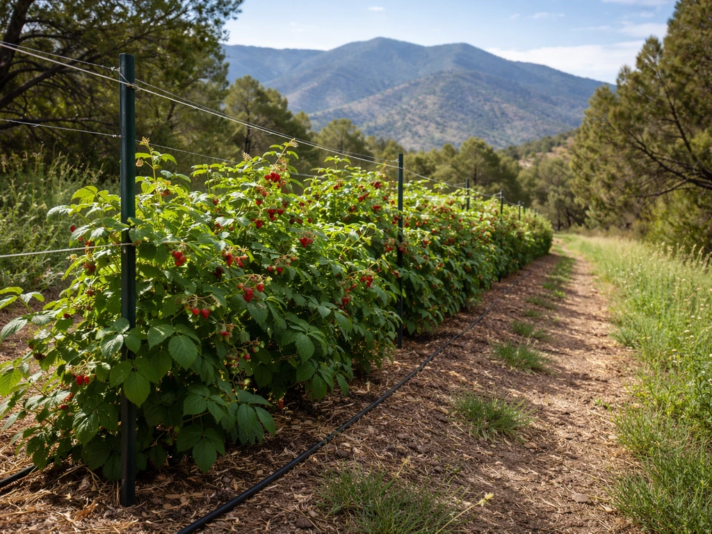 Trellised raspberry canes in a simple berry row on a sunny high-elevation slope with mountain backdrop.