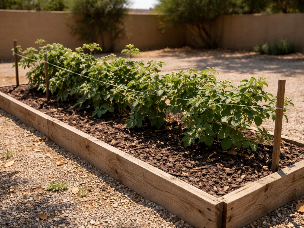 Heat-adapted boysenberry brambles in a mulched garden bed under bright desert sun