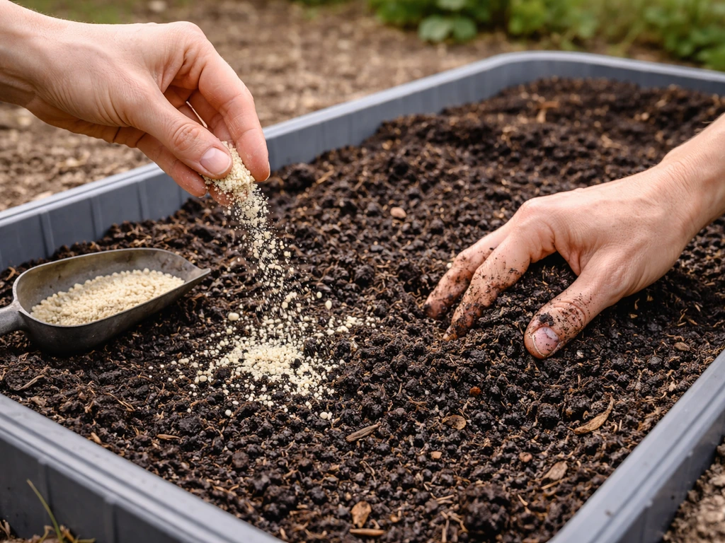 Hands mixing sulfur and soil amendments in a small contained planting area with berry soil
