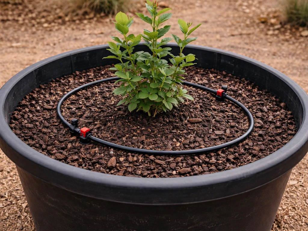 Close-up of a large 15+ gallon blueberry container with acidic potting mix and visible drip irrigation.