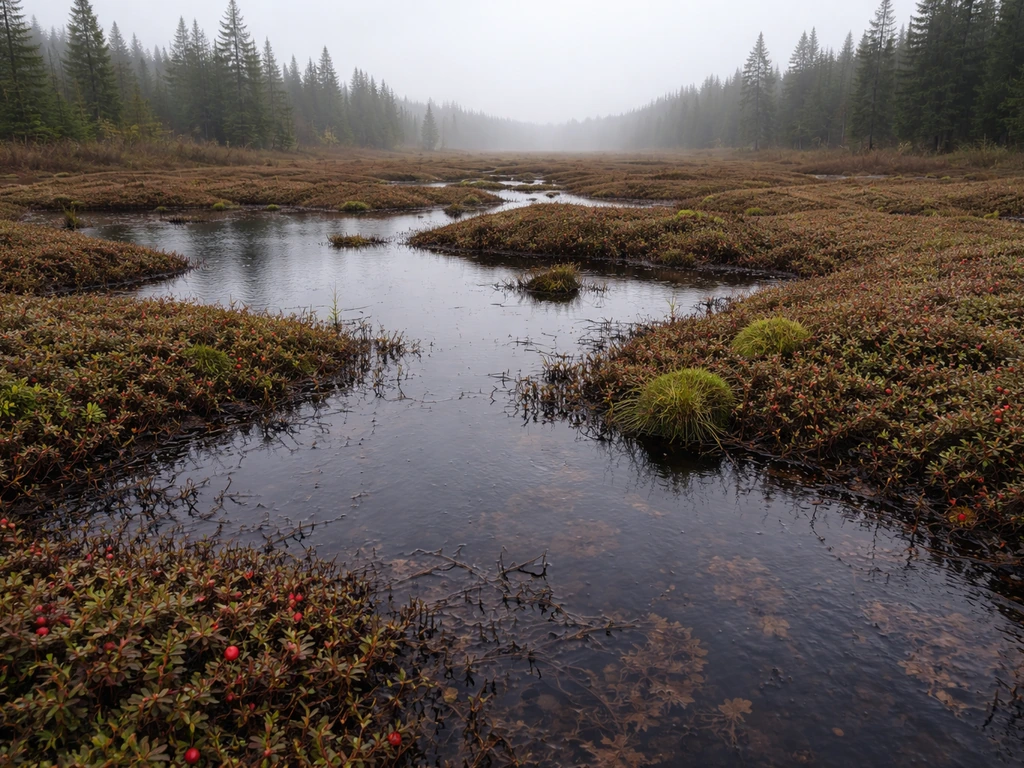Saturated Canadian cranberry bog with low vines and peaty terrain under overcast light.