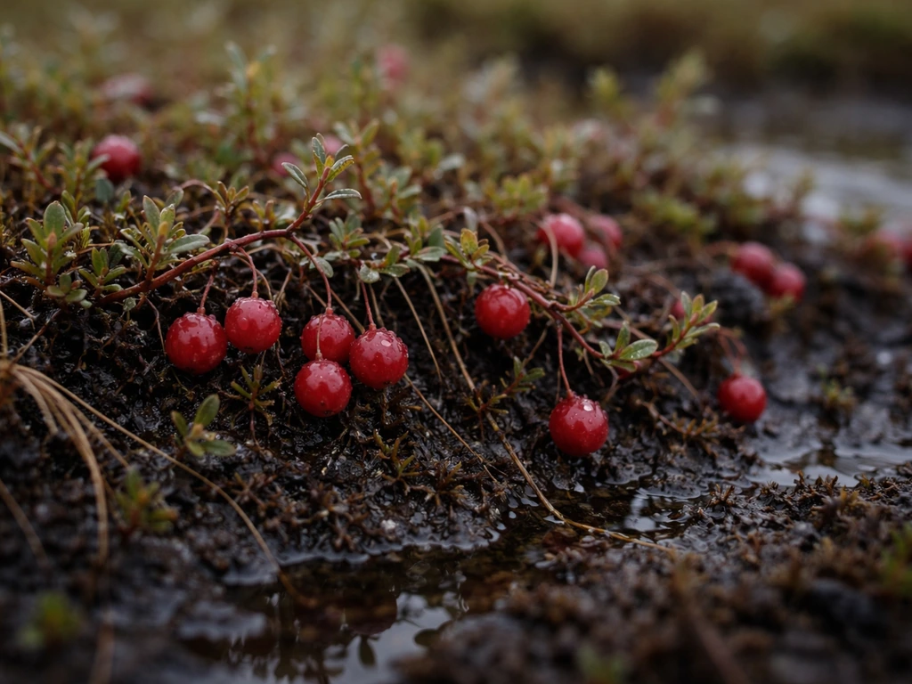 Close-up of cranberry vines with red berries in a wet Canadian bog with peaty, waterlogged ground.