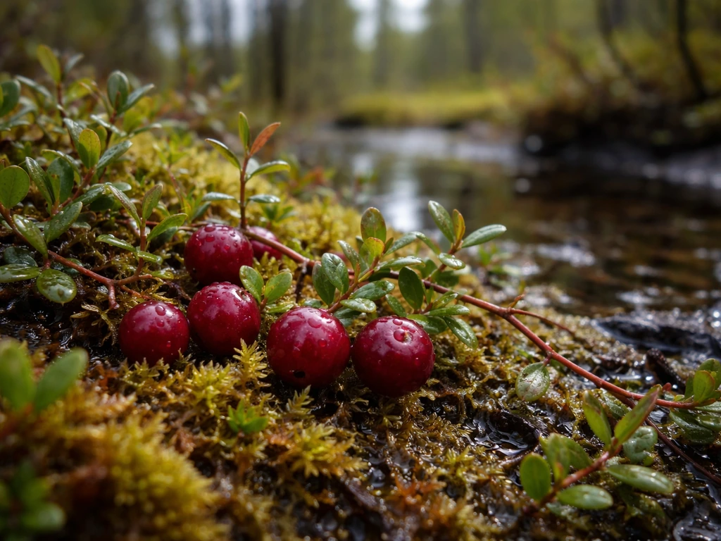 Close-up of wild cranberry plants with red berries in a boreal wetland of moss and peat