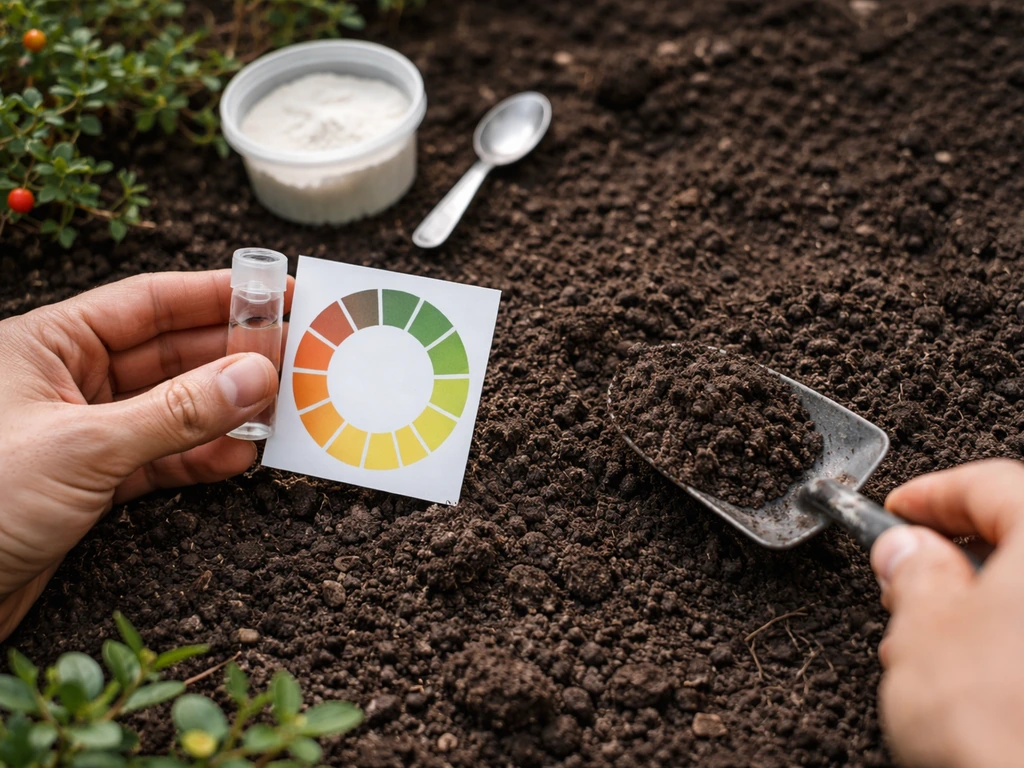 Hands testing soil pH in a garden bed next to unlabeled acidification materials for cranberries