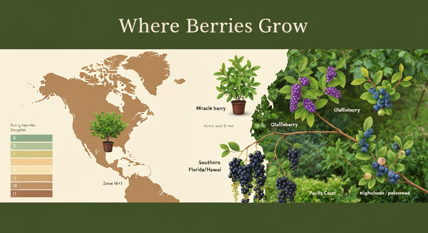 Illustrated banner showing a North America map with USDA zone gradient and realistic vignettes of different berry plants (miracle berry in Florida/Hawaii, beautyberry in the Southeast, olallieberry on the Pacific Coast, blueberries in temperate north, nightshade/pokeweed at edges) labeled "Where Berries Grow."